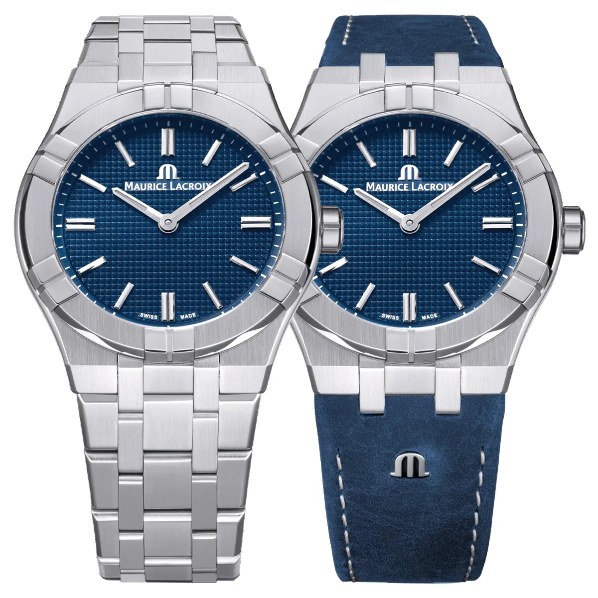 Đồng hồ Maurice Lacroix Aikon Manual 39MM Collectors Edition AI7007-SS00E-430-C với mặt số màu xanh. Dây đeo bằng thép và da. Thân vỏ bằng thép.