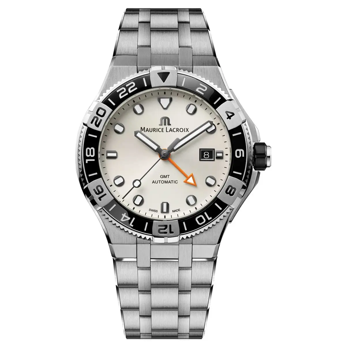 Đồng hồ Maurice Lacroix Aikon Venturer GMT AI6158-SS002-130-1 với mặt số màu trắng. Dây đeo bằng thép. Thân vỏ bằng thép.