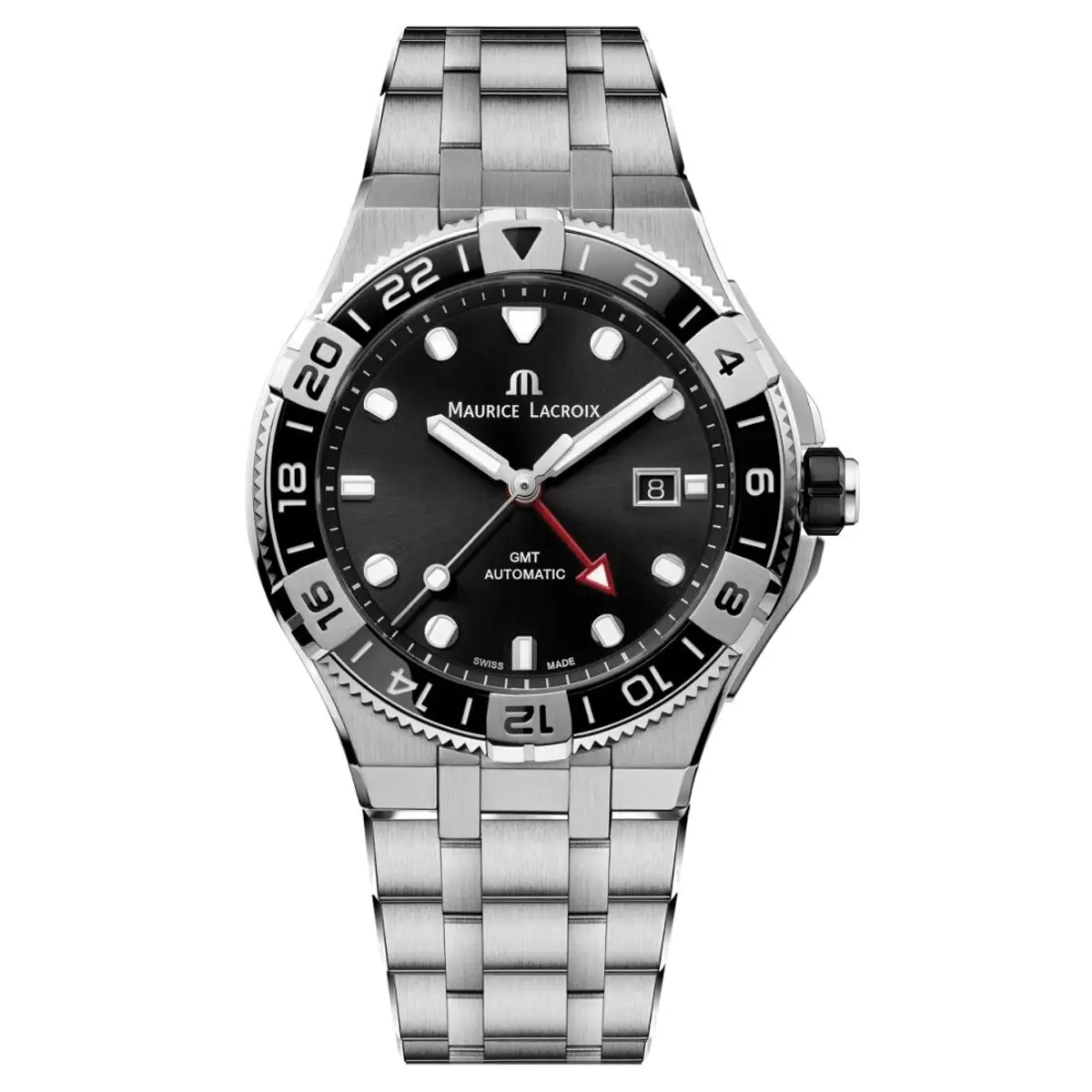 Đồng hồ Maurice-Lacroix-Aikon-Venturer-GMT-AI6158-SS002-330-1 với mặt số màu đen. Dây đeo bằng thép. Thân vỏ bằng thép.