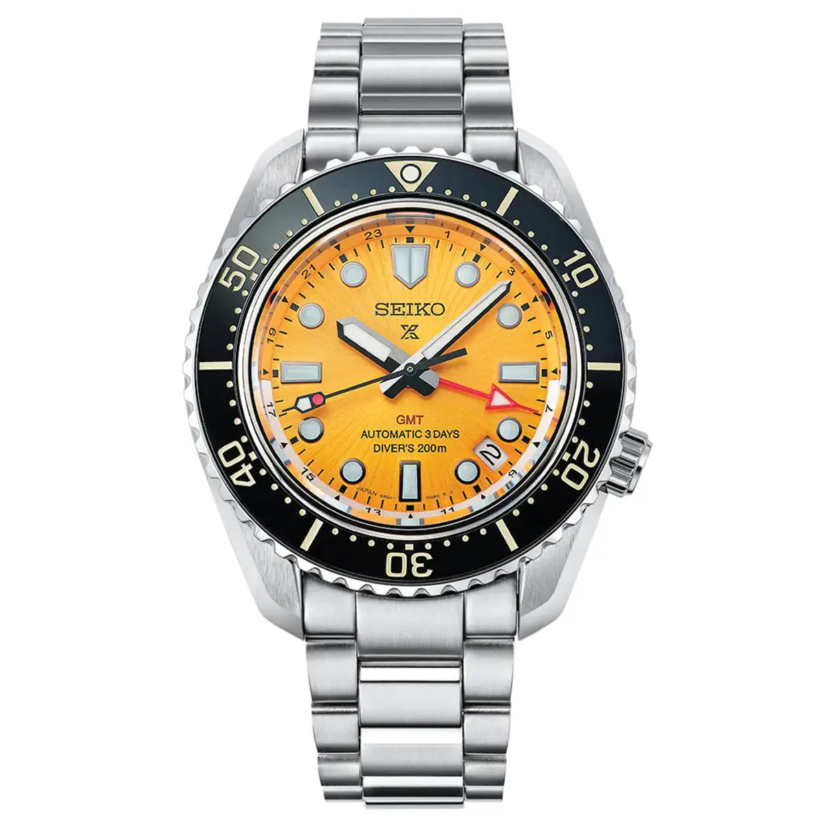 Đồng hồ Seiko Prospex 1968 Heritage Diver’s GMT "The Night of Siam" Thailand Limited Edition SPB487 (SPB487J1) với mặt số màu cam. Dây đeo bằng thép. Thân vỏ bằng thép.