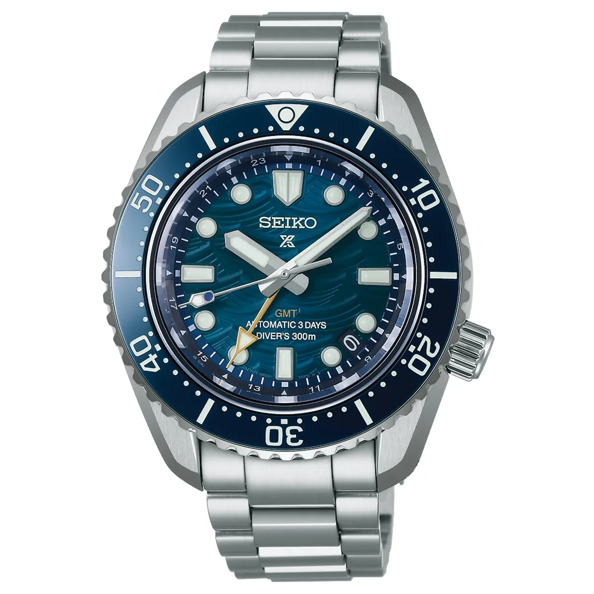 Đồng hồ Seiko Prospex 1968 Heritage Diver’s GMT Watch Seiko Diver’s Watch 60th Anniversary Limited Edition SBEJ027 (SPB509) với mặt số màu xanh. Dây đeo bằng thép. Thân vỏ bằng thép.