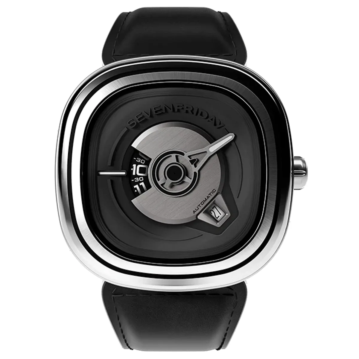 Đồng hồ SevenFriday PE Series | PE1/01 với mặt số màu đen. Dây đeo bằng thép. Thân vỏ bằng thép.