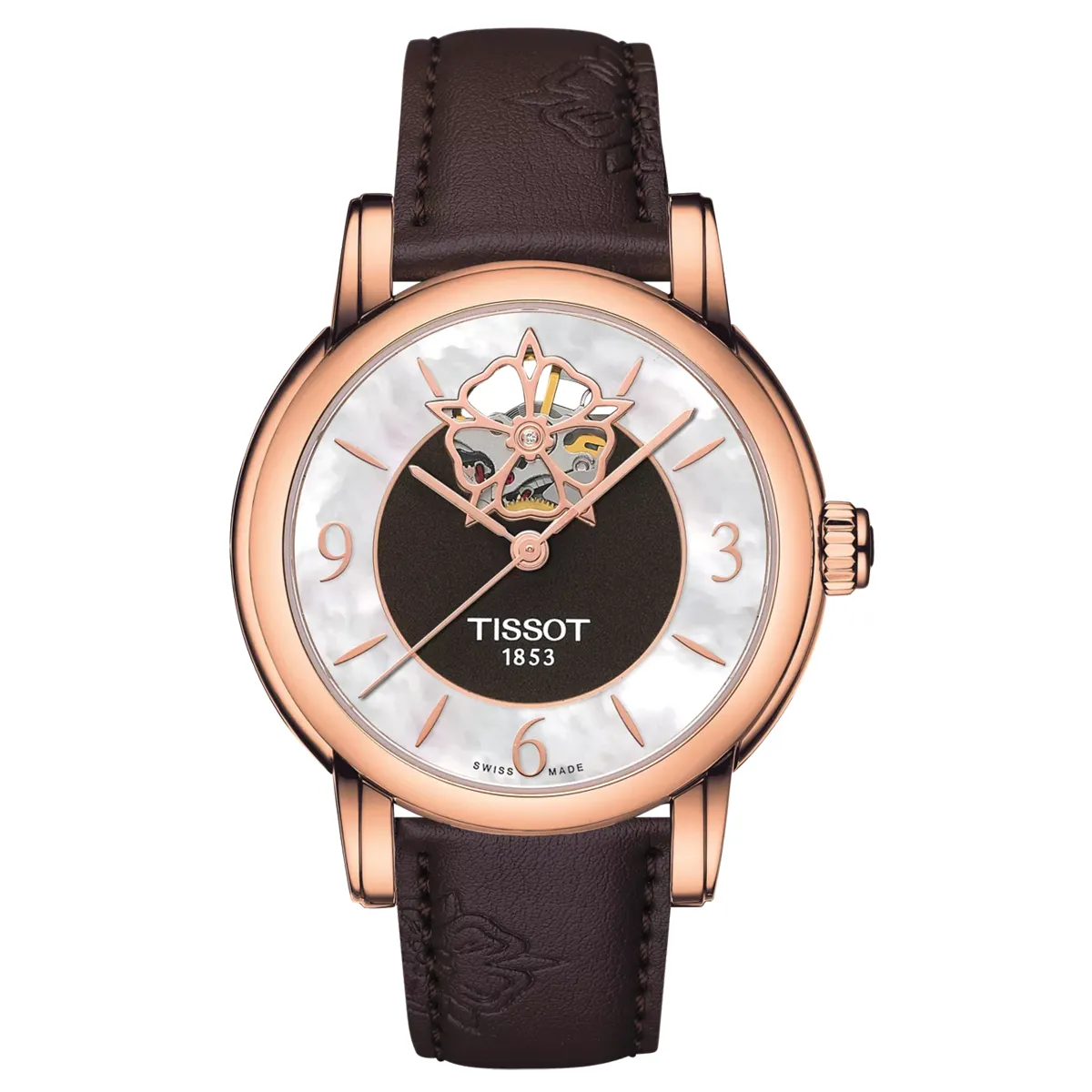 Đồng hồ Tissot Lady Heart Powermatic 80 T050.207.37.117.04 với mặt số xà cừ. Dây đeo bằng da. Thân vỏ bằng thép mạ PVD rose gold.